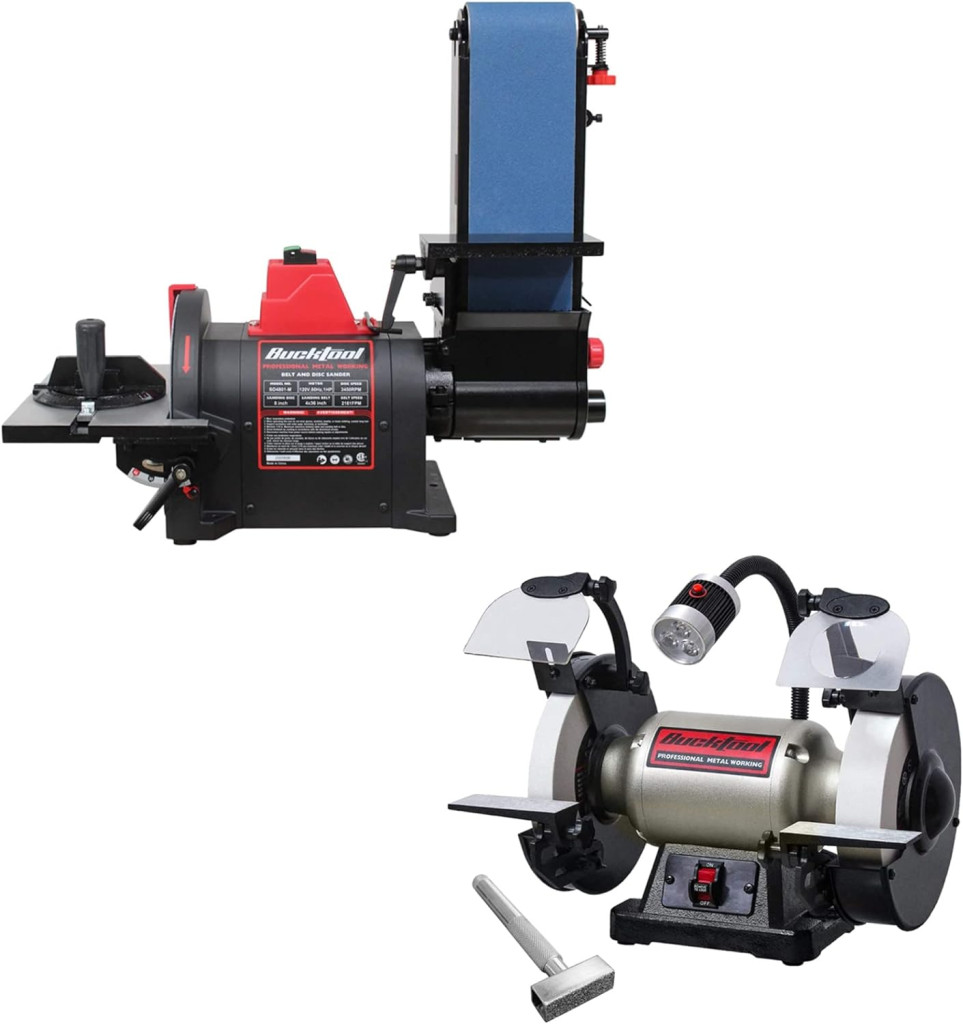 Bucktool 1HP Bench Belt Sander 4 in. x 36 in. Belt and 8 in. Disc Sander AND 8Inch Low-Speed Bench Grinder