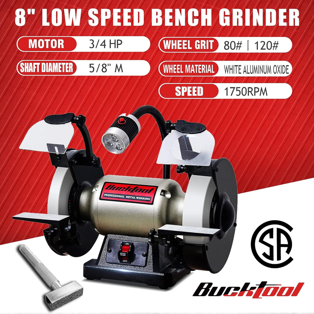 Bucktool 1HP Bench Belt Sander 4 in. x 36 in. Belt and 8 in. Disc Sander AND 8Inch Low-Speed Bench Grinder
