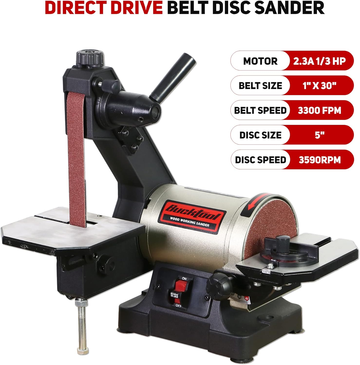 Bucktool 1x30 Inch Bench Belt Sander with 5 Inch Disc with Wrench Storage and Easy Belt Cover Off, 1/3HP Direct Drive Benchtop Belt Disc Sander