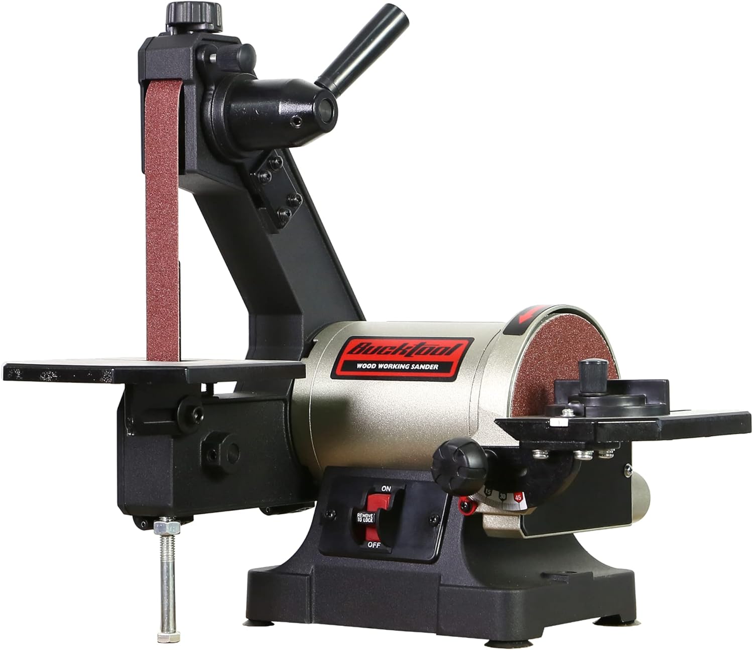 Bucktool 1x30 Inch Bench Belt Sander with 5 Inch Disc with Wrench Storage and Easy Belt Cover Off, 1/3HP Direct Drive Benchtop Belt Disc Sander