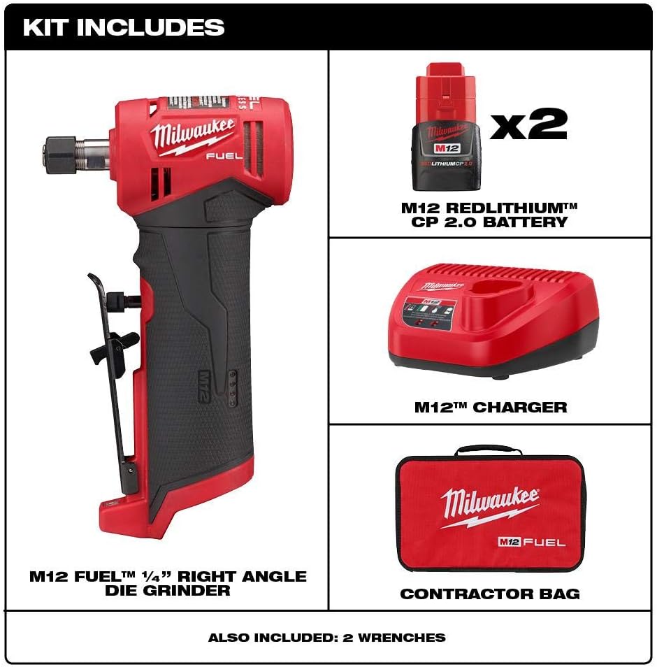 Milwaukee 2485-22 M12 FUEL Lithium-Ion Right Angle Die Grinder Kit (2 Ah)