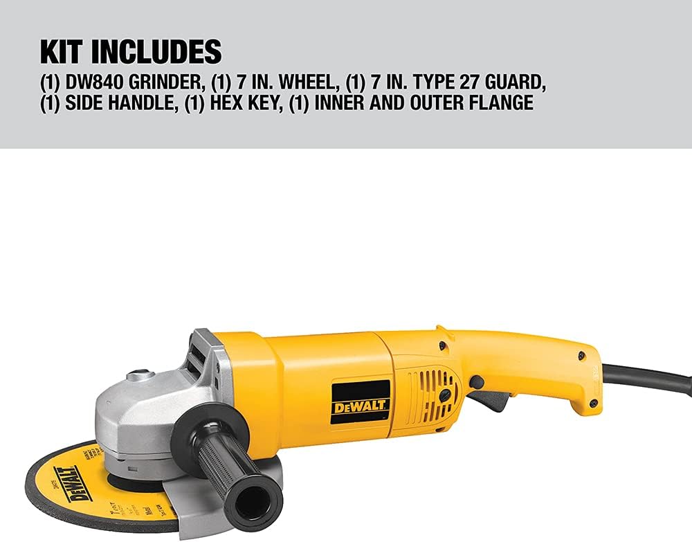 DEWALT Angle Grinder, 7-Inch, 13-Amp, 8,000 RPM, With Dust Ejection System, Corded (DW840), Yellow, Medium