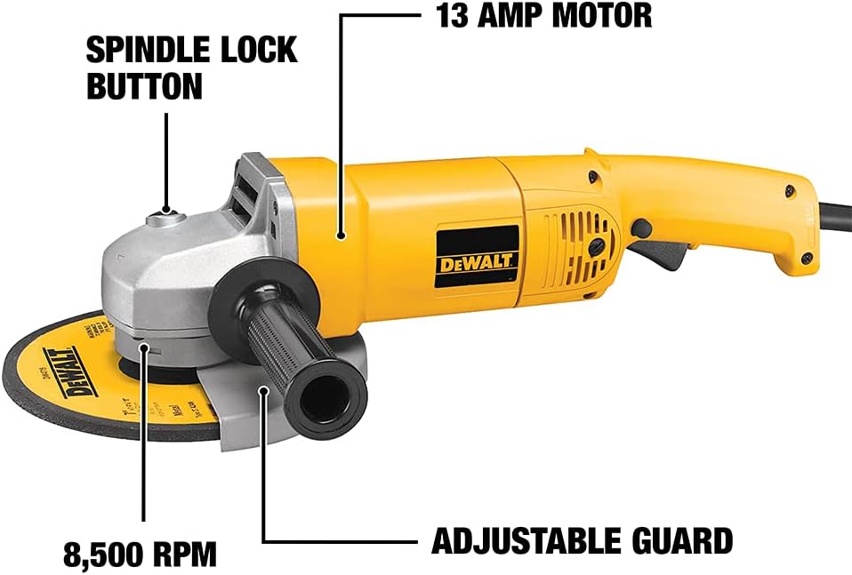 DEWALT Angle Grinder, 7-Inch, 13-Amp, 8,000 RPM, With Dust Ejection System, Corded (DW840), Yellow, Medium