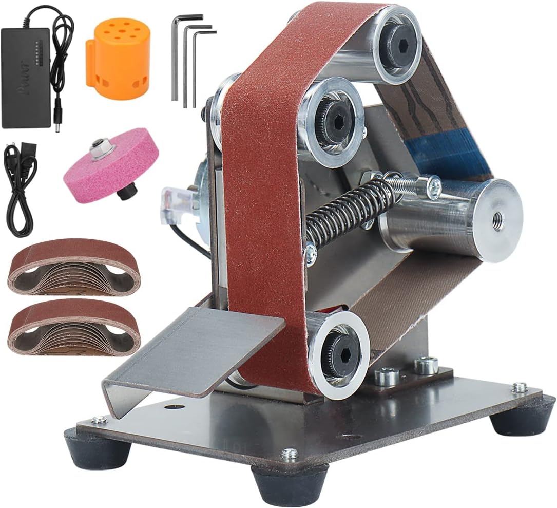 Electric Belt-Sander Polishing-Grinding Sharpener Adjustable - 13 x 1.2inch DIY Power Sanding Machine Cutter Edges Mini Bench Belt Grinder Kit, 7-Speed Multifunctional for Knife Making, Woodworking