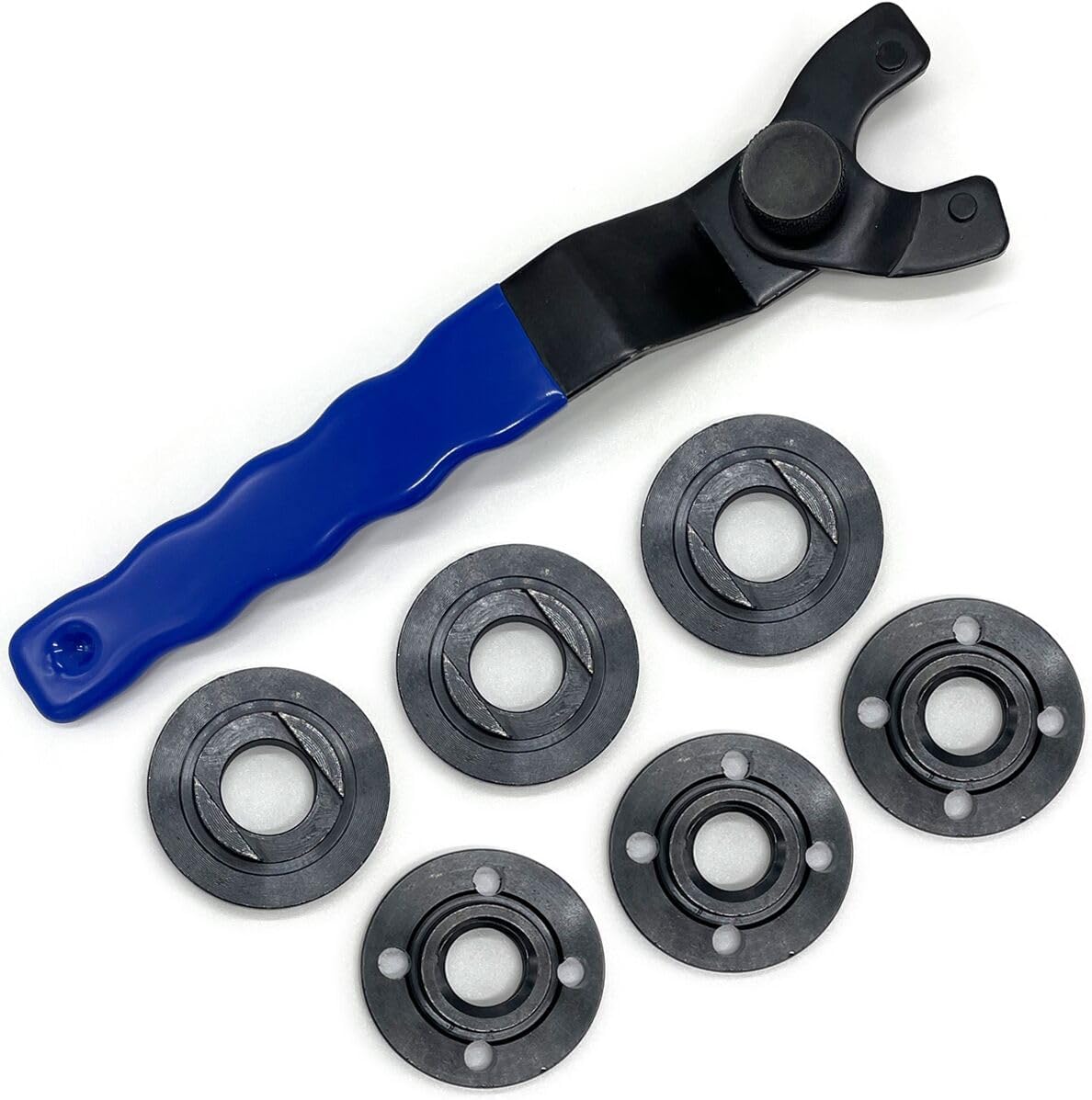 Grinder Angle Spanner Wrench Flange Nut for Dewalt 193465-4 Black Decker Ryobi Makita 4.5 Inch 5 Inch 5/8-11, 1PC Pin Spanner Grinder Lock-Nut Grinder Wrench and 6PCS Flange Nuts