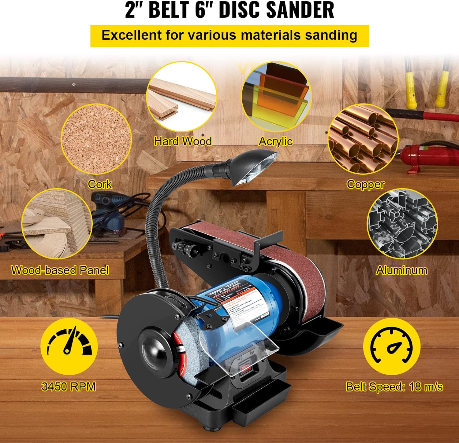Happybuy 2 IN 1 2inch Belt Grinder for Knife Making 6inch 3450rpm per min Belt and Disc Bench Sander 90 Degree Belt Holder with Sturdy Base and LED Working Lamp