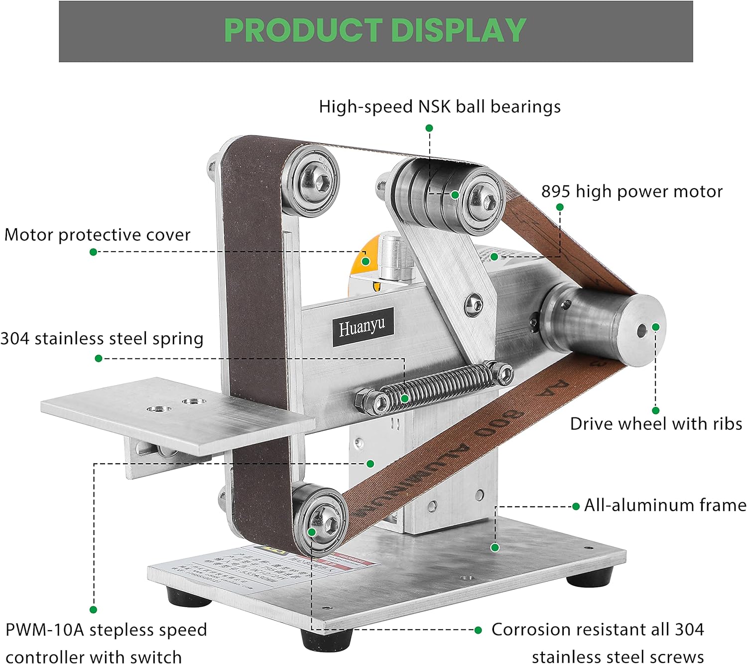 Huanyu Mini Belt Sander 360W Electric Polishing Grinding Belt Machine 1.2 x 21 Micro Knife Sharpener DIY Bench Sanding Machine with 9 Belts for Metal Wood Aluminum Adjustable Speed