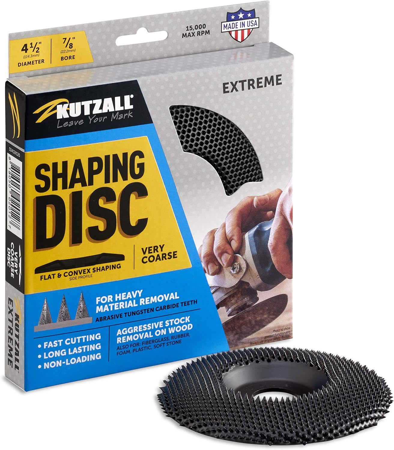 Kutzall Extreme Shaping Disc - Very Coarse, 4-1⁄2 (114.3mm) Dia. X 7⁄8 (22.2mm) Bore - Woodworking Angle Grinder Attachment for DeWalt, Bosch, Milwaukee, Makita. Abrasive Tungsten Carbide, SD412X120