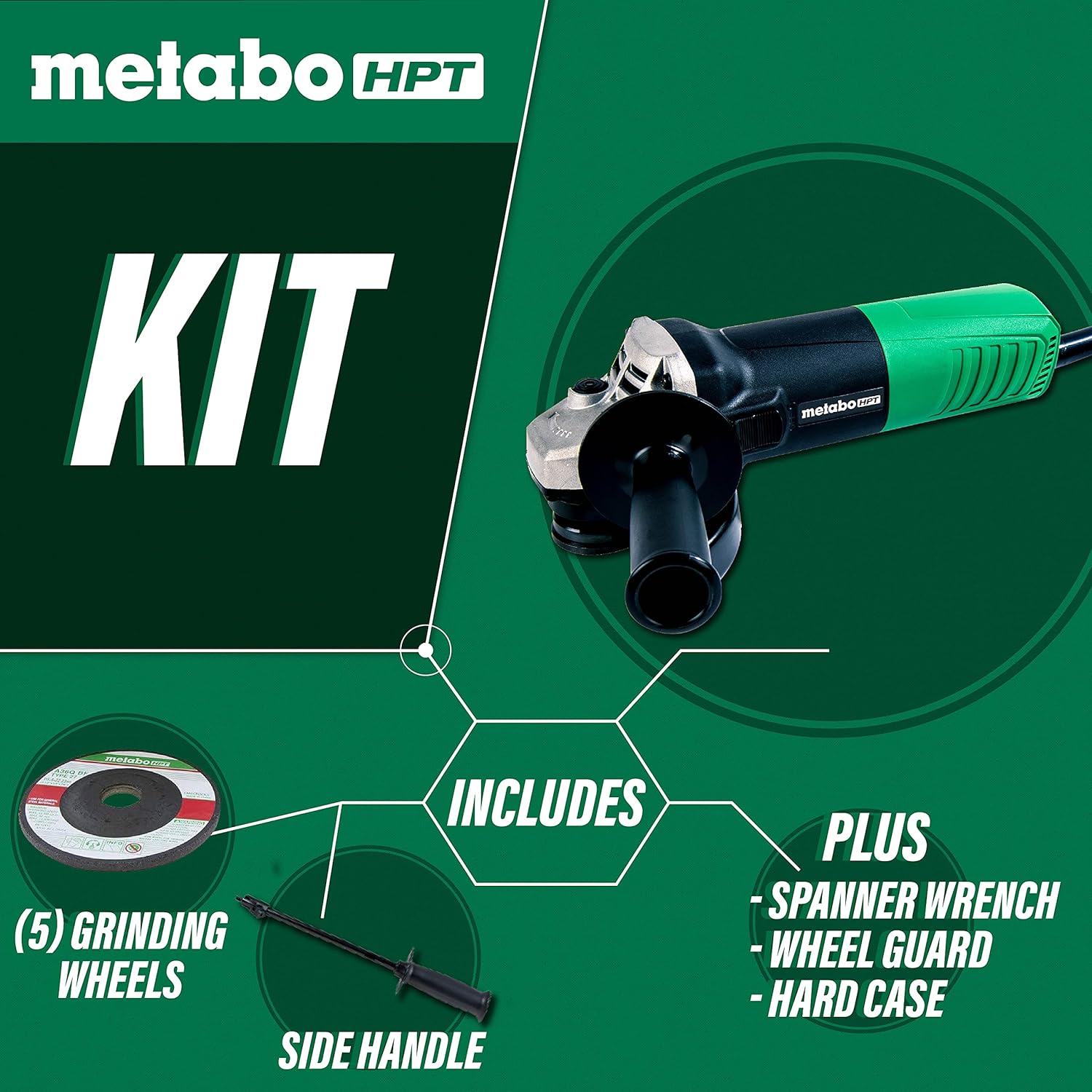 Metabo HPT Angle Grinder 4-1/2-Inch Includes 5 Grinding Wheels  Hard Case 6.2-Amp Motor Compact  Lightweight G12SR4