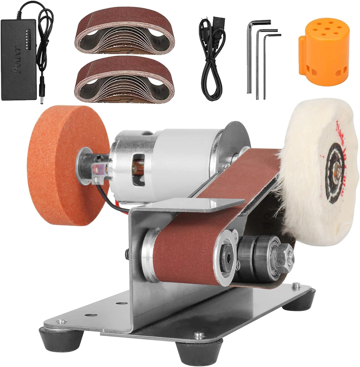 NunDunco Mini Belt Sander - 15 Degree Knife Sharpener Electric Bench Grinder Sanding Machine, 7 Adjustable Speed Table Top Grinder Polisher for DIY Woodworking, Metal, Knife Making (Plus Kit)