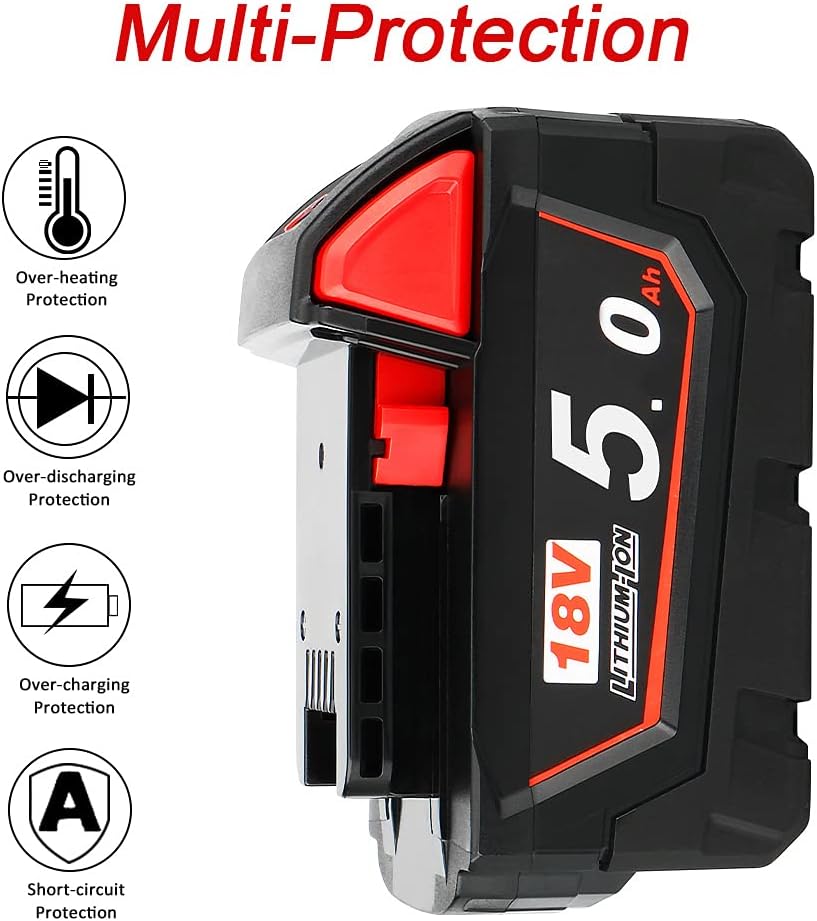 P0WER ELEKTR0 5.0Ah Lithium-Ion Battery Compatible with Milwaukee M18 18V tools 48-11-1820 48-11-185048-11-1828 48-11-10 Cordless Power Tools Batteries