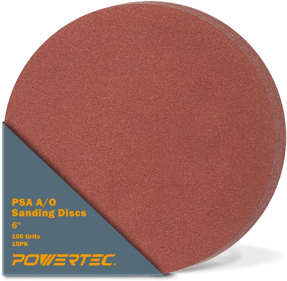 POWERTEC 110260 6 Inch PSA Sanding Discs, 100 Grit, Aluminum Oxide Adhesive Sandpaper for 4x36 Belt Sander, 10PK