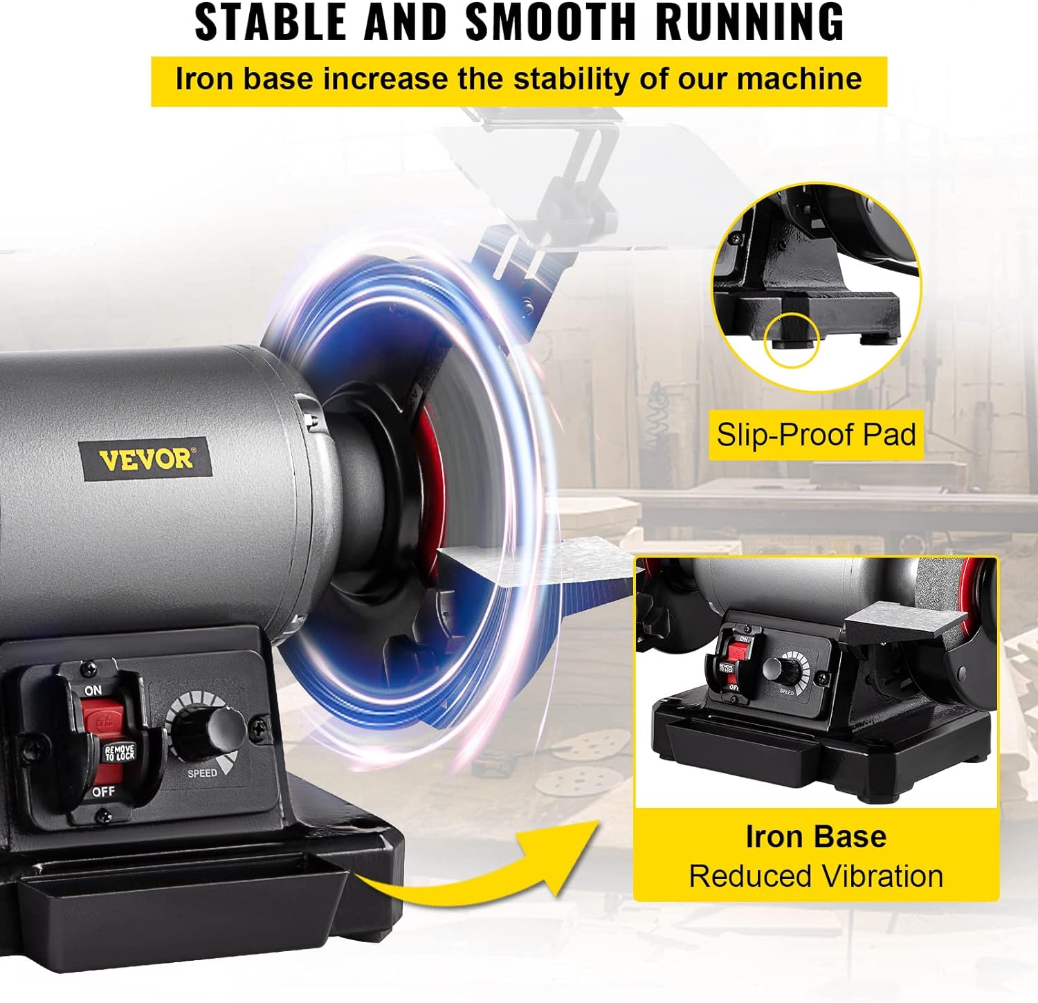 VEVOR 6 inch Bench Grinder, 750W Motor, Variable-Speed Benchtop Grinder with 3400 RPM and Work Light, Two Types Wheels for Grinding, Sharping and Smoothing