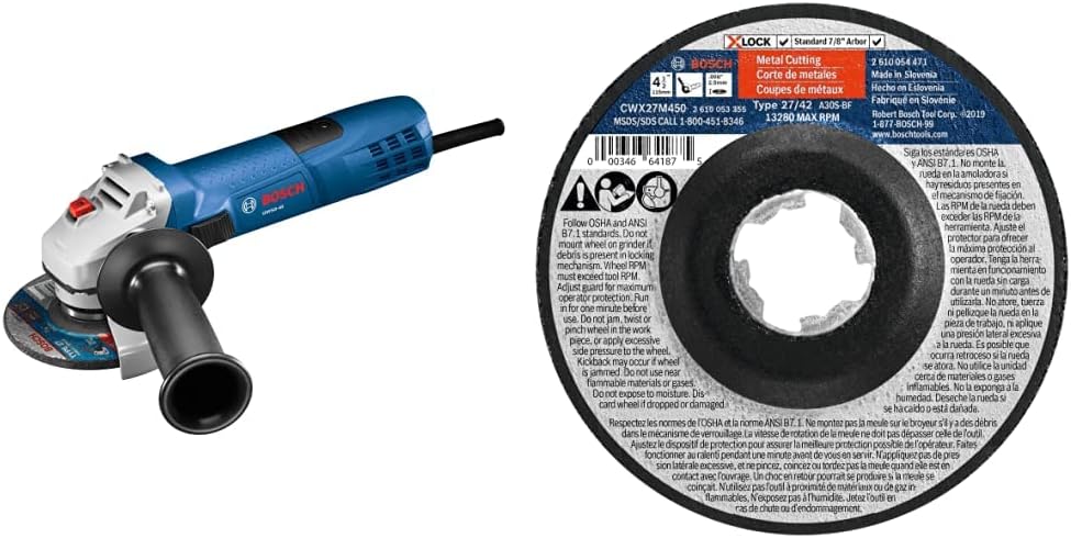 BOSCH 4-1/2 Inch Angle Grinder GWS8-45withBosch CWX27M450 4-1/2 In. x .098 In. X-LOCK Arbor Type 27A (ISO 42) 30 Grit Metal Cutting and Grinding Abrasive Wheel