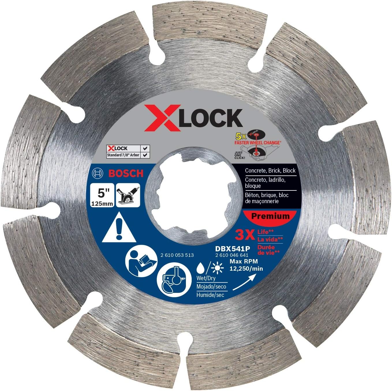 BOSCH DBX541P 5 In. X-LOCK Premium Segmented Rim Diamond Blade Compatible with 7/8 In. Arbor for Application in Concrete, Brick, Block