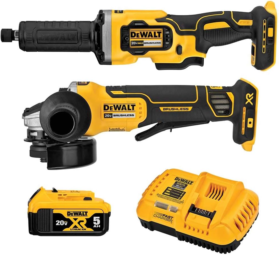 DEWALT 20V MAX Angle Grinder and Die Grinder, Cordless 2-Tool Set with Battery and Charger (DCK203P1), Yellow,white