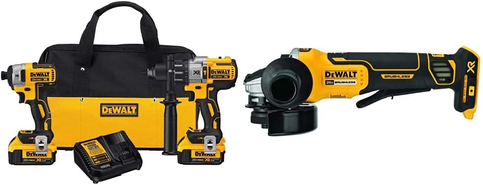 DEWALT 20V MAX Hammer Drill and Impact Driver, Cordless Power Tool Combo Kit with 2 Batteries and Charger (DCK299M2)  20V MAX* Angle Grinder Tool, Tool Only (DCG413B)