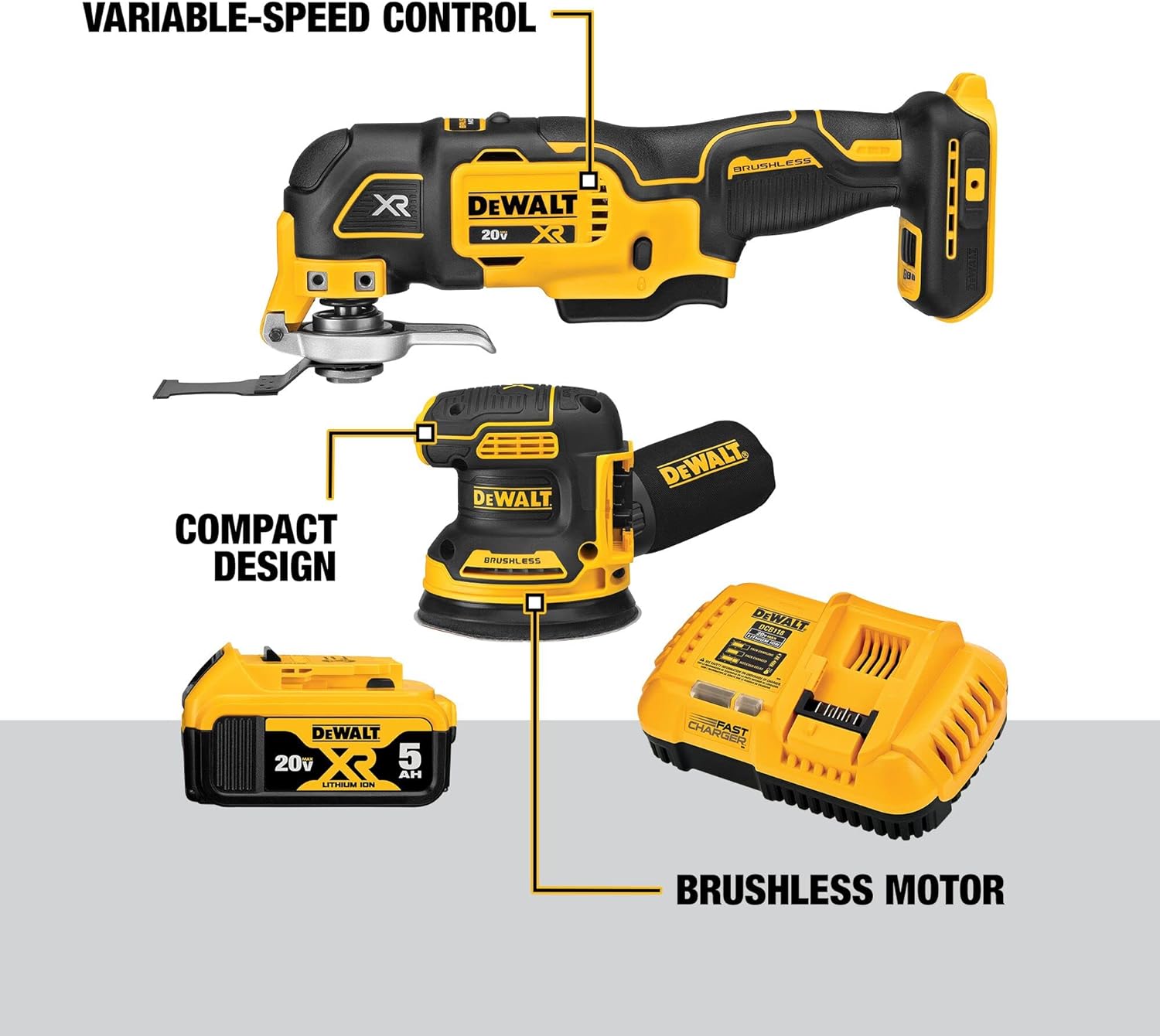 DEWALT 20V MAX Orbital Sander and Oscillating Tool, Cordless Woodworking 2-Tool Set with 5ah Battery and Charger (DCK202P1)