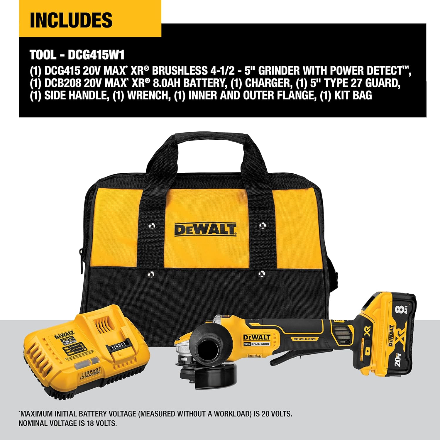 DEWALT 20V MAX* XR Angle Grinder, Trigger Switch, Power Detect Tool Technology Kit, 4-1/2-Inch to 5-Inch (DCG415W1), Grey,yellow,black