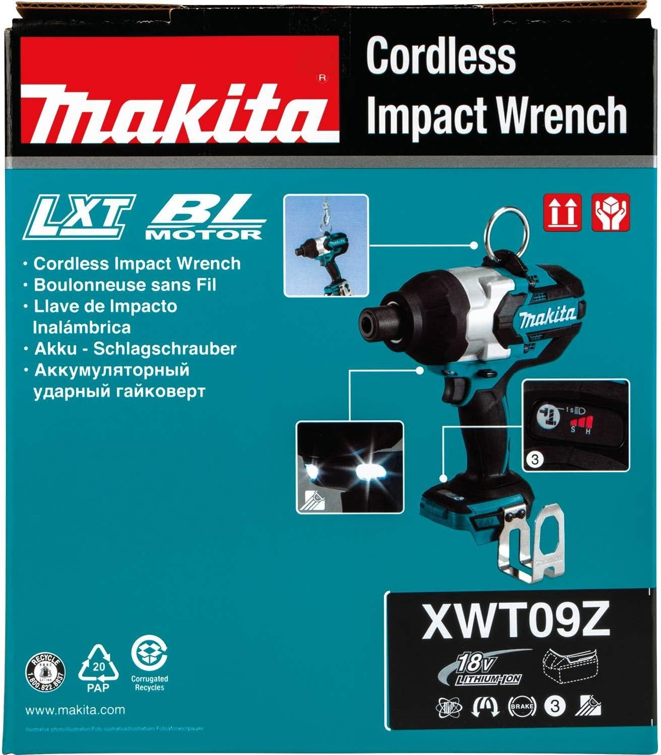 Makita XWT09Z LXT Lithium-Ion Brushless Cordless High Torque Hex Impact Wrench, 18V/7/16