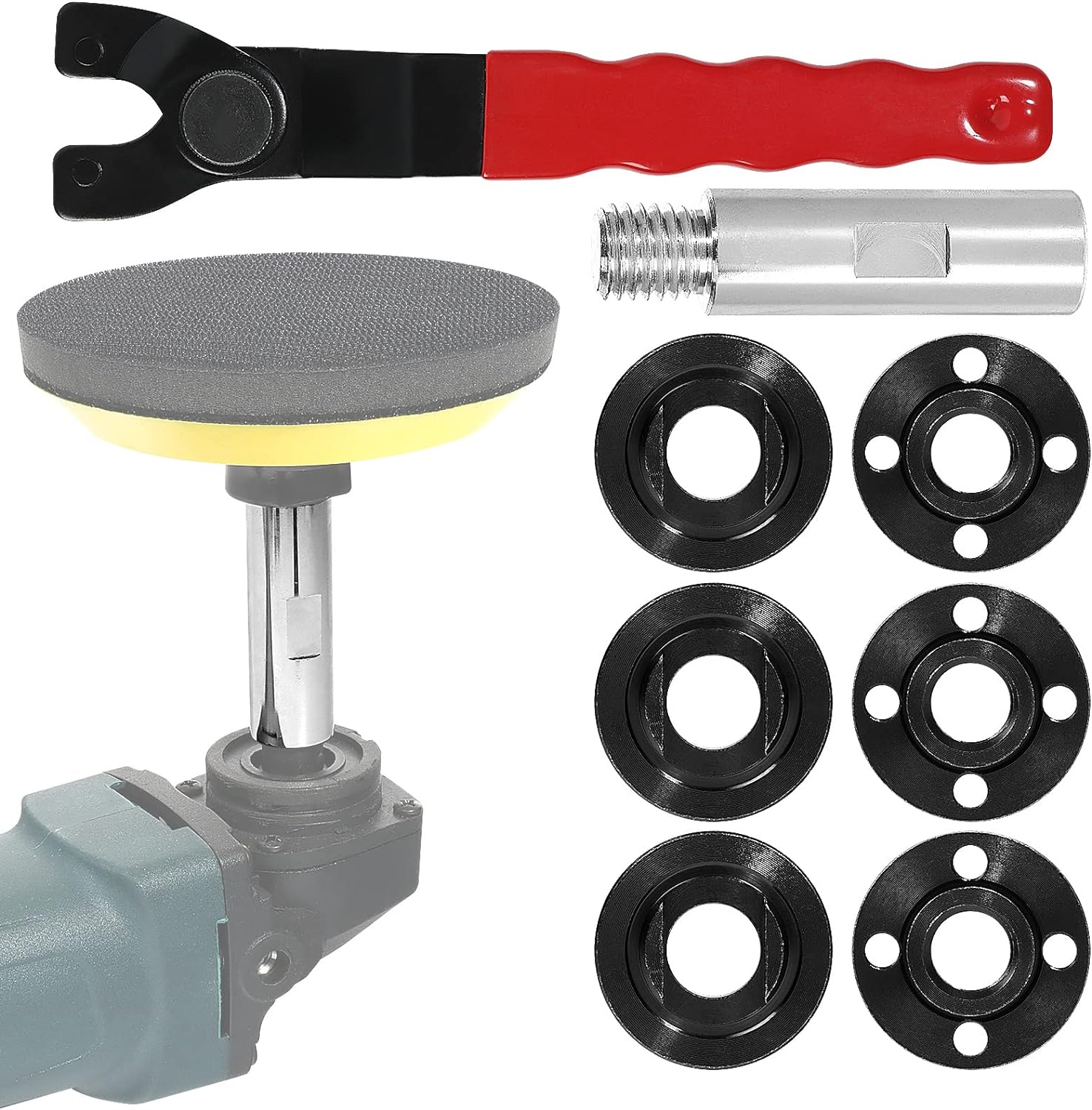 Pomsare Angle Grinder Wrench, Locknut Grinder Spanner Wrench Flange Nut and Extension Shaft, 8PCS Attachments Kit for 5/8-11 Grinder Power Tools Parts