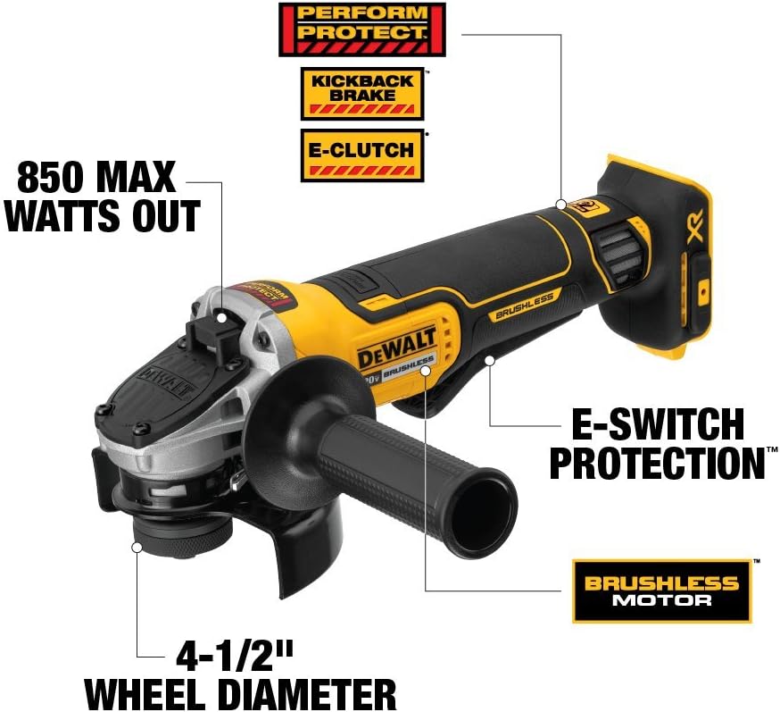 DEWALT 20V MAX XR Brushless High Torque 1/2 Impact Wrench with Detent Anvil, Cordless, Tool Only (DCF899B)  20V MAX* Angle Grinder Tool, Tool Only (DCG413B)