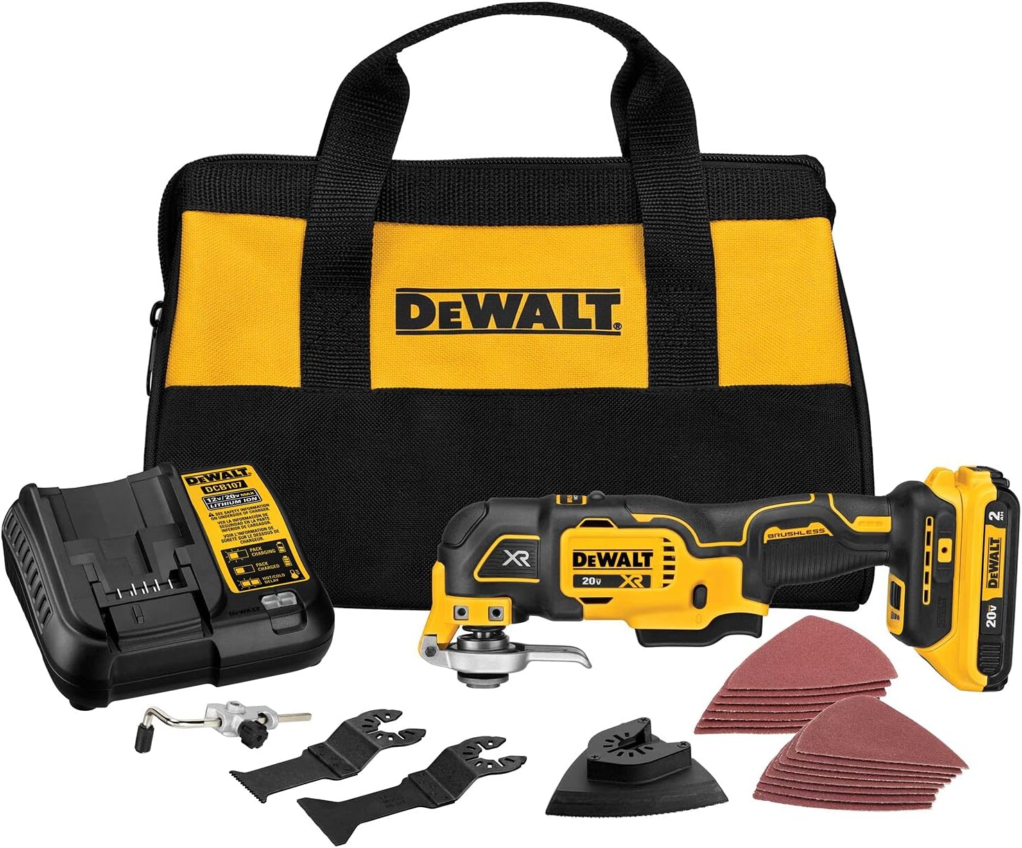 DEWALT 20V Oscillating Tool, Cordless, Wood Blades, Sandpaper, Tool Bag, Battery and Charger Included (DCS356SD1)