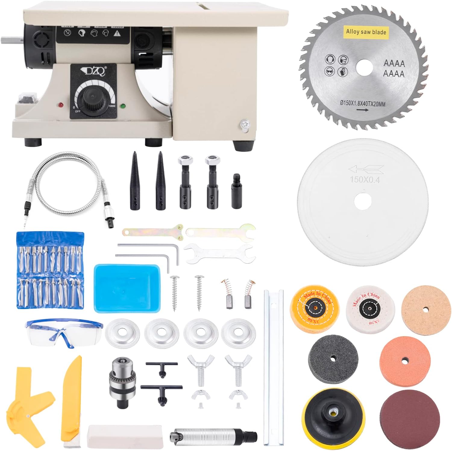 DZQ Mini Table Saw Jewelry Making Polisher w/Flex Shaft Multifunctional Bench Grinder Sander Buffing Machine Metal Dental Polishing Woodworking Tool 69Pcs Accs 10,000Rpm 750W
