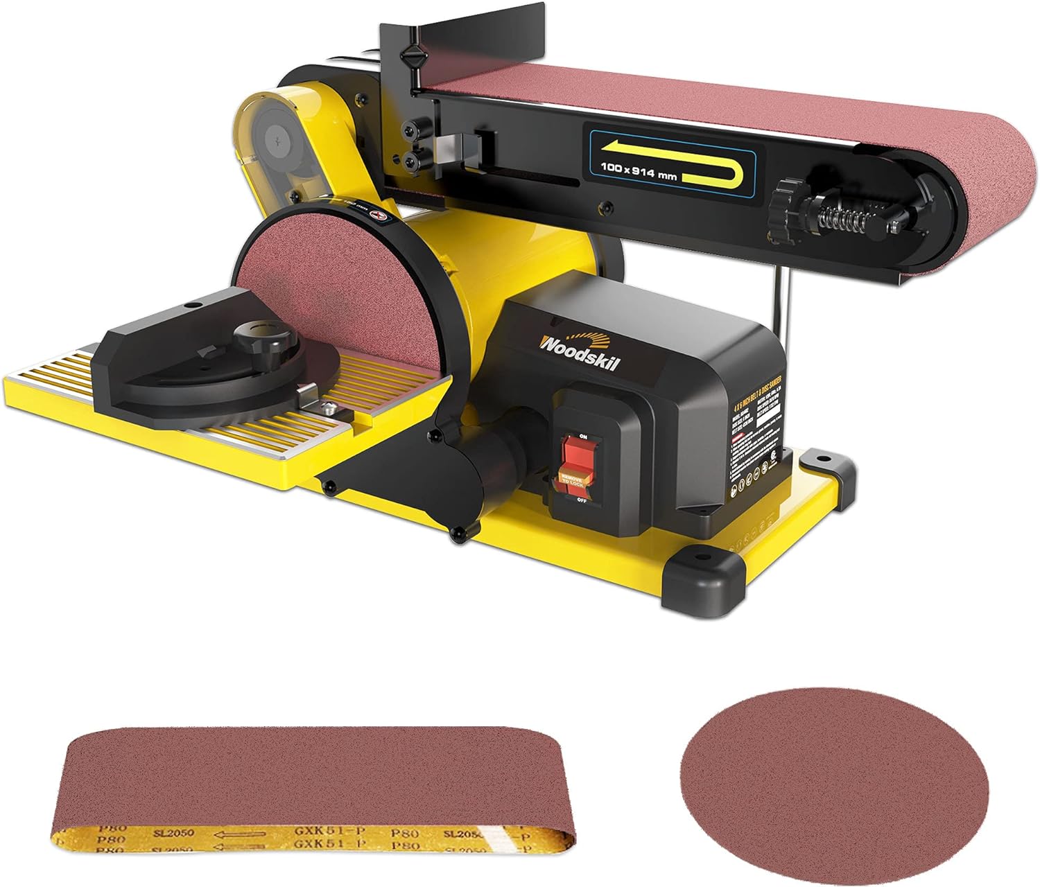 Woodskil Professional 4.3A Belt Sander, 4 x 36 in. Belt  6 in. Disc Sander with 3/4HP Low Noise Induction Brushless Motor, Double Dust Exhaust Port, Steel Base, 2Pcs Sandpapers Included