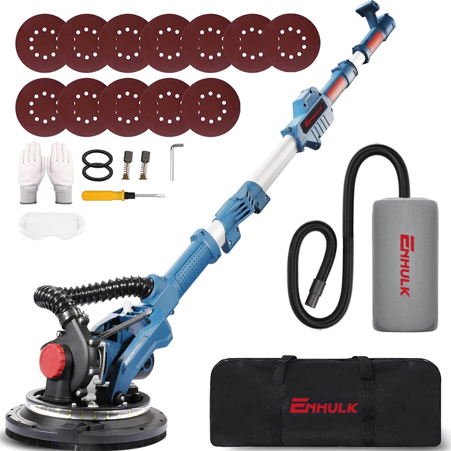 Enhulk Drywall Sander, 900W 7.2A Electric Drywall Sander with Vacuum Auto Dust Collection, 6 Variable Speed 800-1800RPM, Double-Deck LED Lights, Extendable  Foldable Handle, 12 Sanding Discs