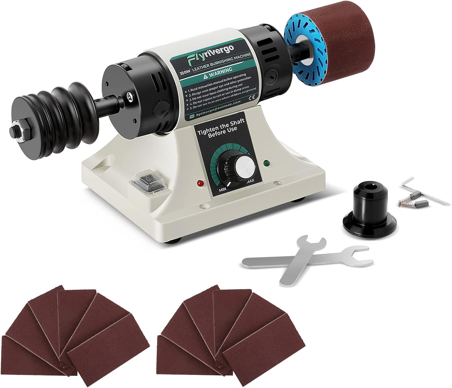 Flyrivergo Leather Burnishing Machine with 12pcs Sanding Sleeves Adjustable Speed Burnisher Leather Edge Polishing Grinding Kit Rosewood Grinding Head Sander Buffing Motor 110V