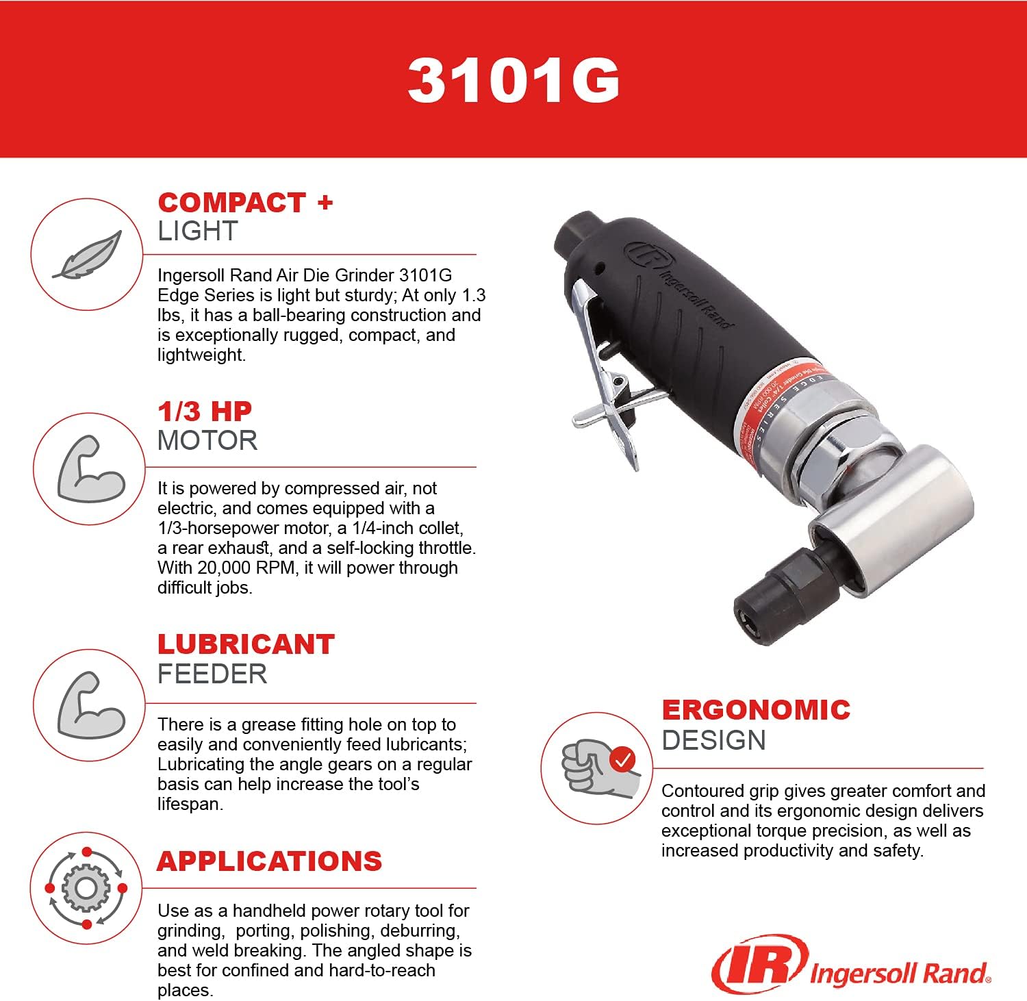 Ingersoll Rand 3101G Air Die Grinder Edge Series – 1/4, Black  308B Air Straight Die Grinder, 1/4, 25,000 RPM, 0.33 HP, Ball Bearing Construction, Gray