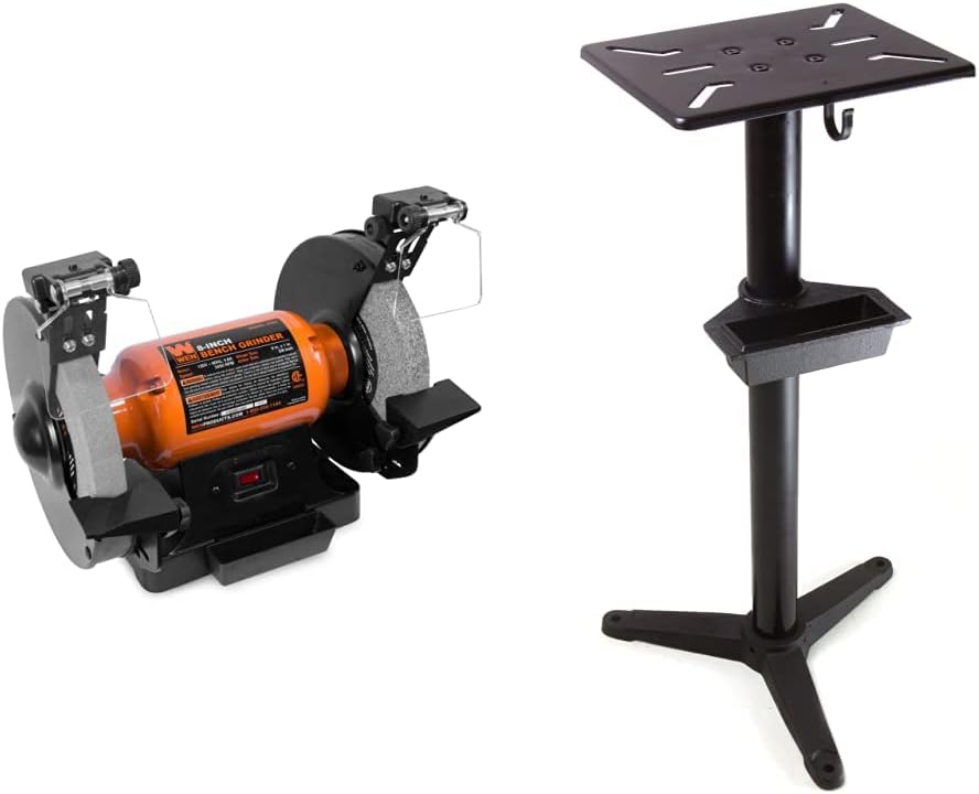 WEN BG4282 4.8-Amp 8-Inch Single Speed Bench Grinder with LED Work Lights, Black-Orange  Bench Grinder Stand, 32-Inch with Water Pot (4288T)