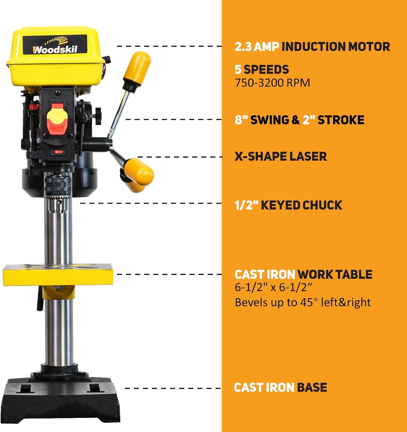 Woodskil 8 Inch Drill Press, 2.3 Amp 5-Speed Bench Drill Press, Bench Top Drilling Machine