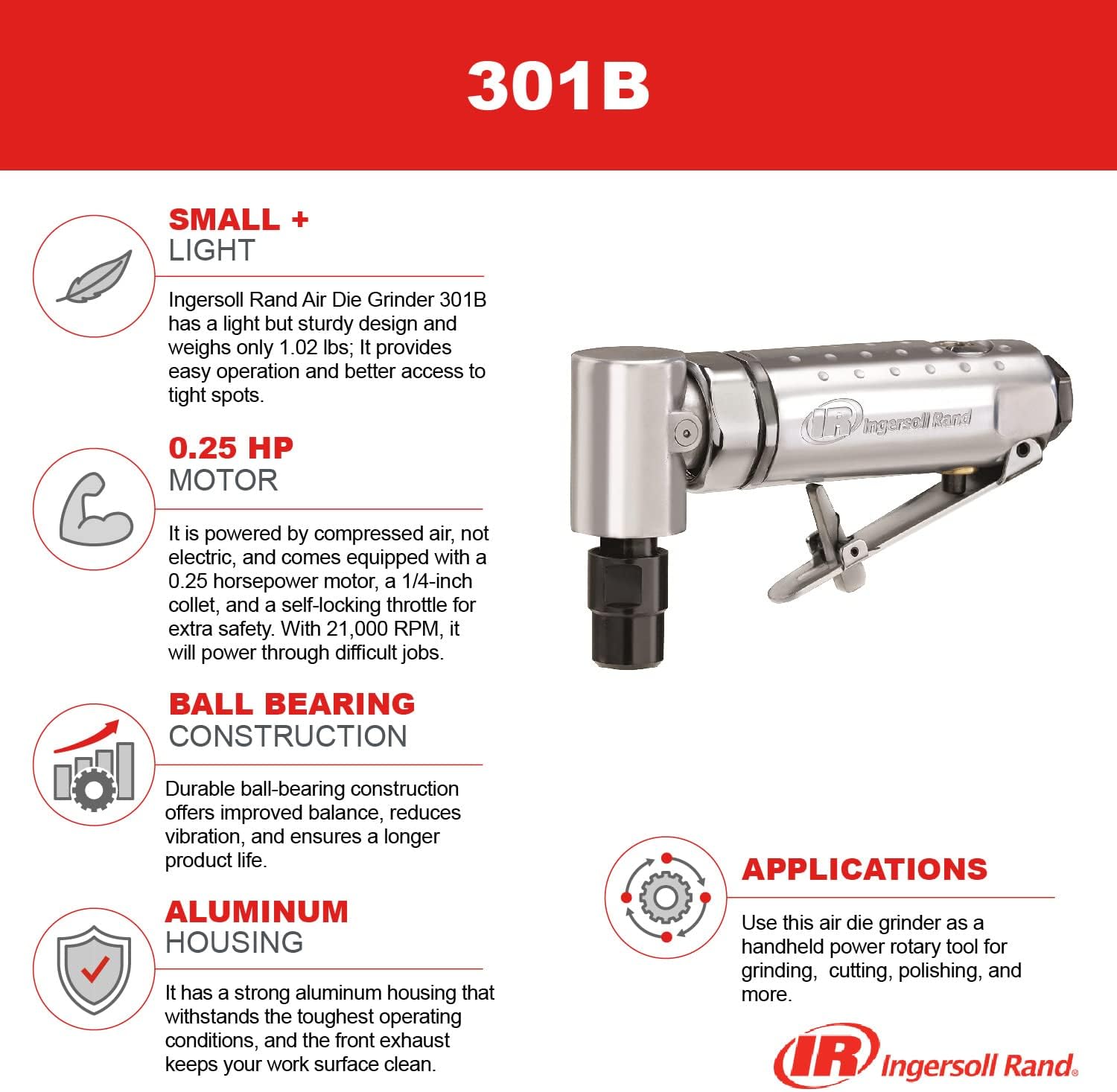 Ingersoll Rand 170G Edge Series 3/8” Drive Air Ratchet Wrench  301B Air Die Grinder – 1/4, Right Angle, 21,000 RPM, Ball Bearing Construction, Safety Lock, Aluminum Housing, Black