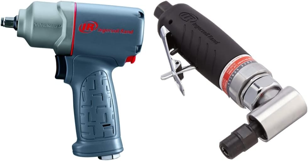 Ingersoll Rand 2115TiMAX 3/8” Drive Air Impact Wrench, Gray  3101G Air Die Grinder Edge Series – 1/4, Heavy Duty, Right Angle, Ergonomic Grip, Ball Bearing Construction, Lightweight Tool, Black