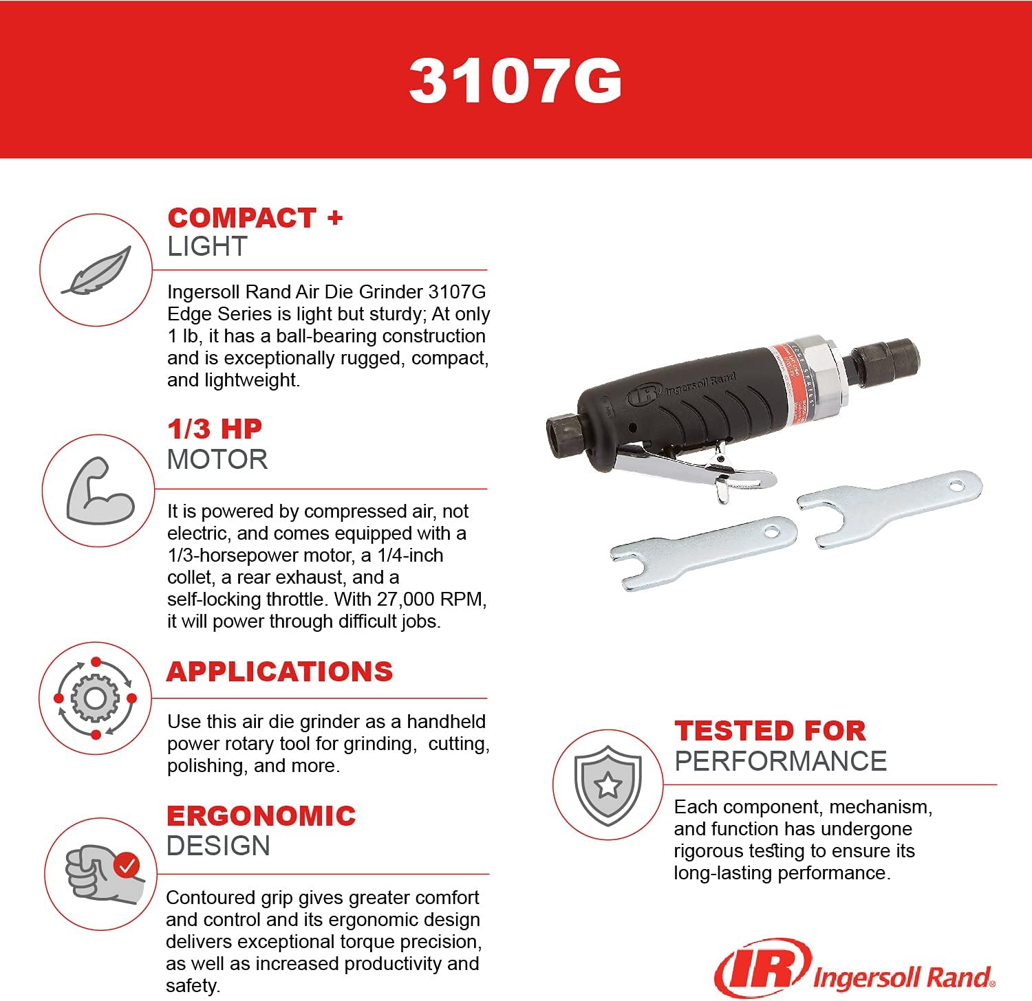 Ingersoll Rand 422G Edge Series 5 Air Angle Grinder, Powerful 1.0 HP Motor  3107G Air Die Grinder Edge Series – 1/4, Heavy Duty, Straight, Ergonomic Grip