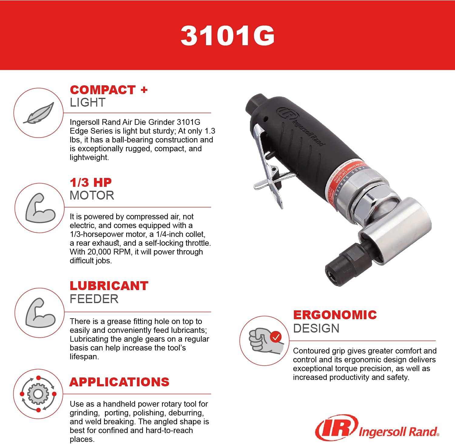 Ingersoll Rand 429 Heavy Duty Air Reciprocating Saw  3101G Air Die Grinder Edge Series – 1/4, Heavy Duty, Right Angle, Ergonomic Grip, Ball Bearing Construction, Lightweight Tool, Black
