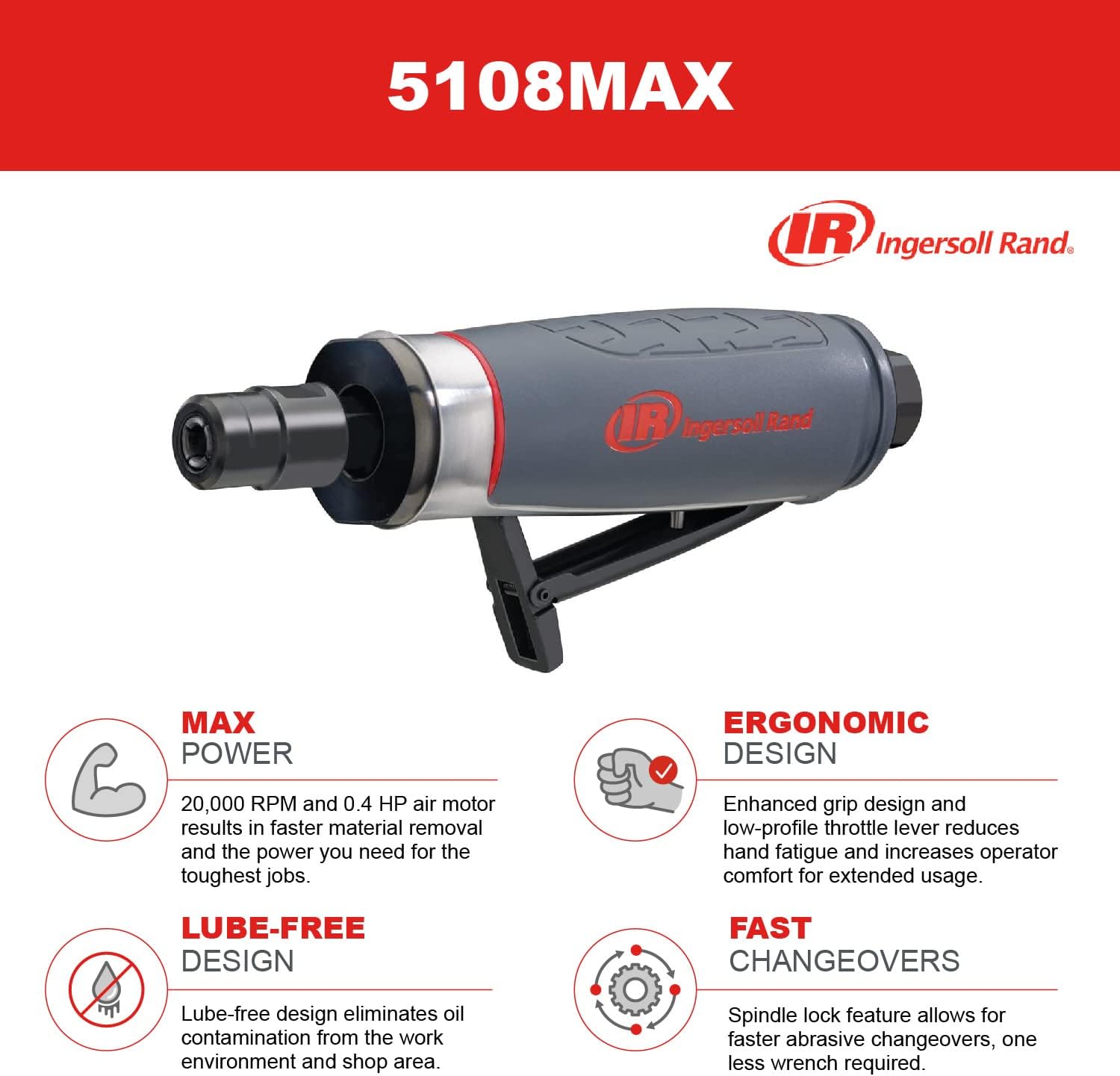 Ingersoll Rand 5102MAX Air Die Grinder – Right Angle, Ergonomic Grip, 0.4 HP and 20,000 RPM Motor, Lightweight Tool, Spindle Lock, Grey