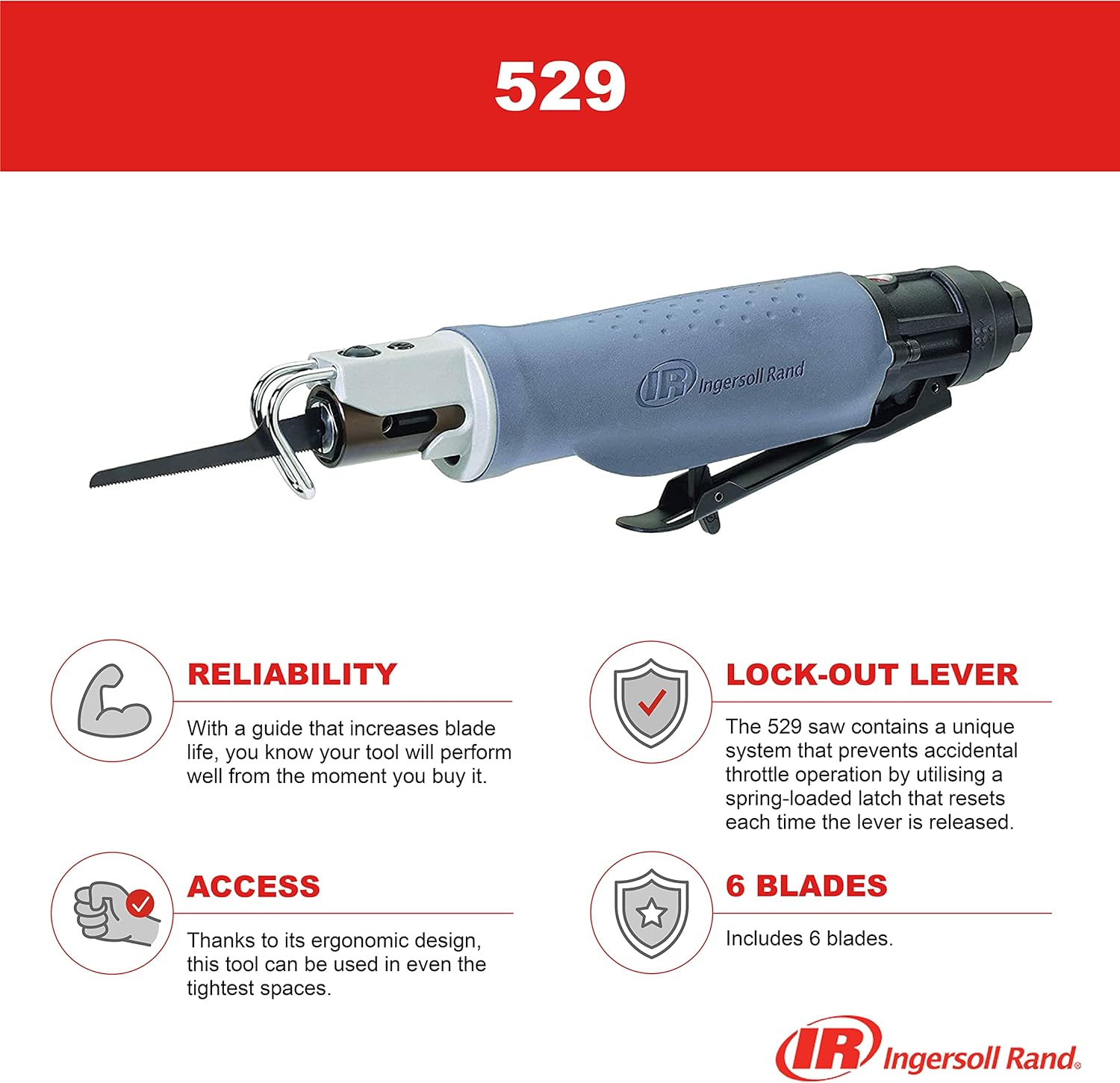 Ingersoll Rand 529 Reciprocating Air Saw, Low Vibration, Lock Out Lever, 6 Blades for Cutting Plastic, Fiberglass, Sheet Metal, Aluminum  5108MAX Air Grinder,Grey