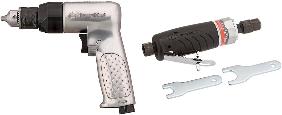 Ingersoll Rand 7802RA 3/8” Reversible Air Drill, Heavy Duty, 2,000 RPM, 0.5 HP Motor, Pistol Grip Handle  3107G Air Die Grinder Edge Series – 1/4, Heavy Duty, Straight, Black