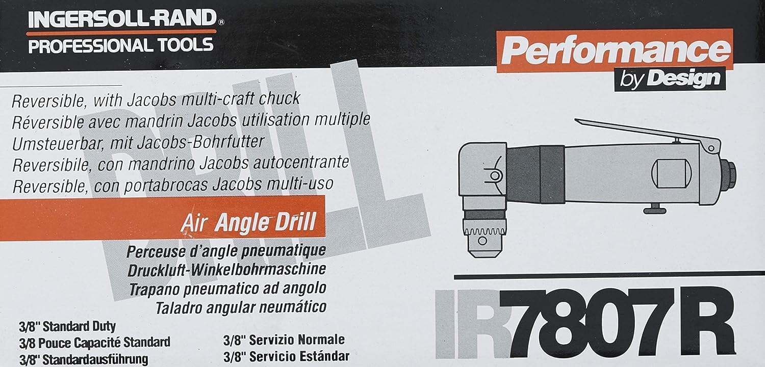 Ingersoll Rand 7807R 3/8” Reversible Air Angle Drill, Standard Duty, 1800 RPM, Quiet, Durable Jacobs Multi-Craft Chuck, Grease Plug