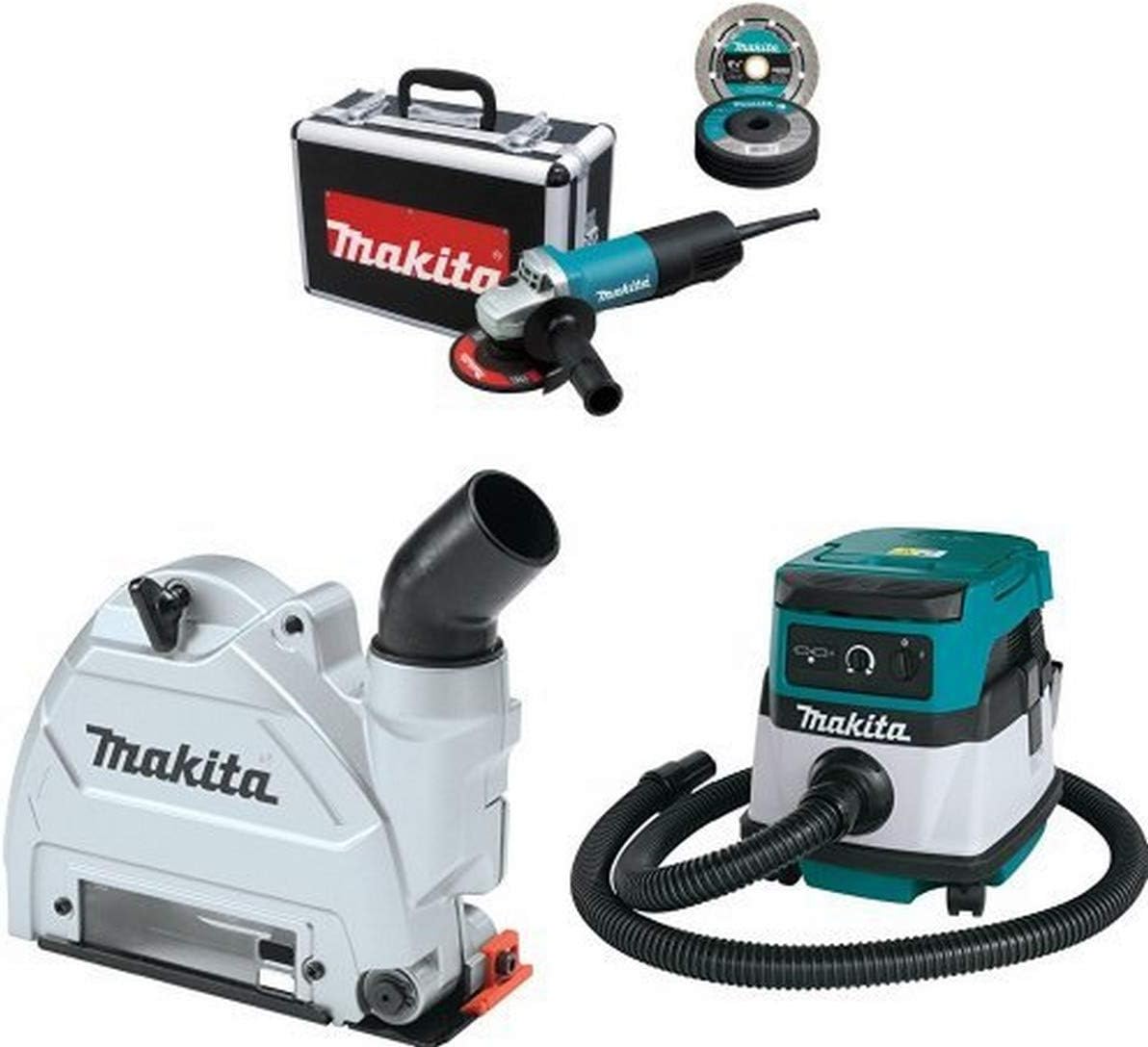Makita 9557PBX1 4-1/2-Inch Angle Grinder w/ Case, Diamond Blade, 5 Grinding Wheels, Wheel Guards, 196846-1 Tuck Point Guard,  XCV04Z 18V X2 LXT (36V) 2.1 Gallon HEPA Filter Dry Dust Extractor/Vacuum