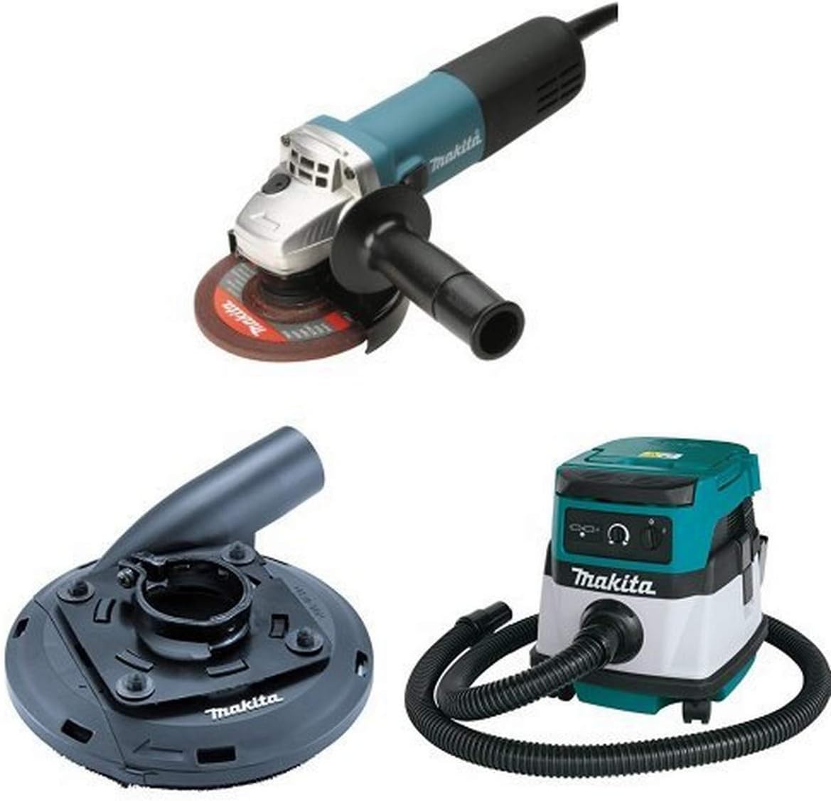Makita 9564CV 4-1/2-Inch SJS Angle Grinder, 195236-5 4-1/2-Inch - 5-Inch Surface Grinding Shroud,  XCV04Z 18V X2 LXT (36V) 2.1 Gallon HEPA Filter Dry Dust Extractor/Vacuum