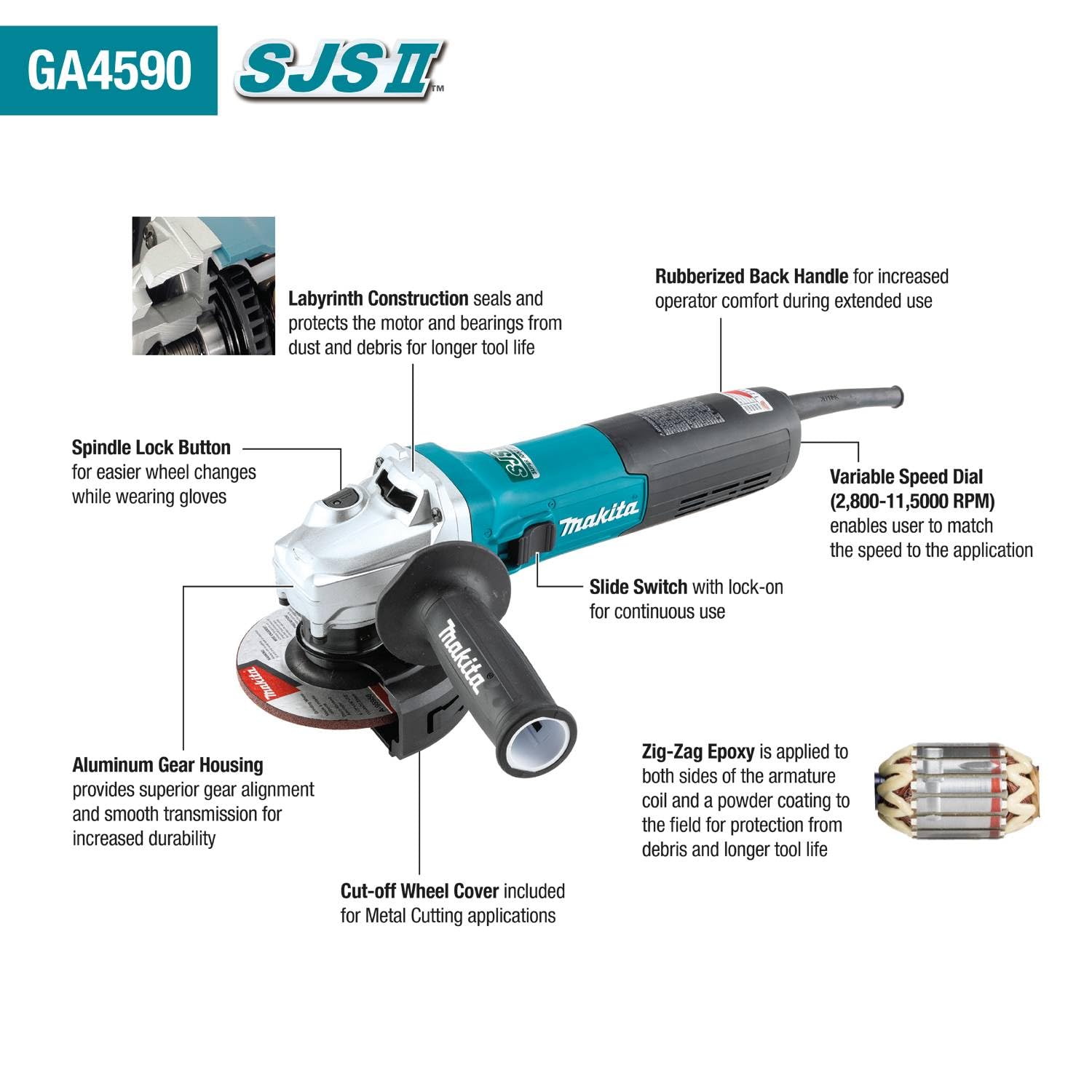 Makita GA4590 4-1/2 SJS™II High-Power Angle Grinder