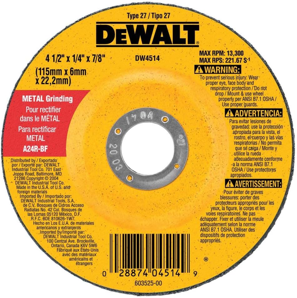 DEWALT DW4624 6-Inch by 1/4-Inch by 7/8-Inch General Purpose Metal Grinding Wheel (1-Pack)