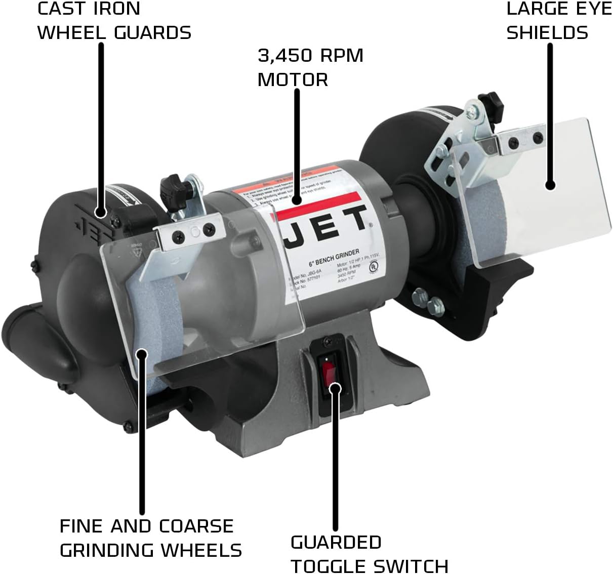 JET 6-Inch Bench Grinder, 3450 RPM, 1/4 HP, 1Ph 115V (Model JBG-6A)