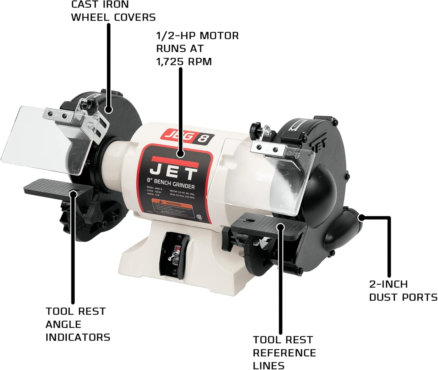 JET 8-Inch Bench Grinder, No Wheels, 1725 RPM, 1/2 HP, 115V 1Ph (Model JWBG-8NW)