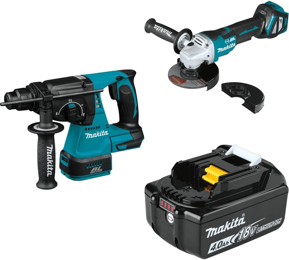 Makita XRH01Z 18V LXT Li-Ion Brushless Cordless 1 Rotary Hammer, accepts SDS-PLUS bits, XAG20Z 18V LXT Li-Ion 4-1/2 / 5 Paddle Switch Cut-Off/Angle Grinder,  BL1840B 18V LXT Li-Ion 4.0Ah Battery
