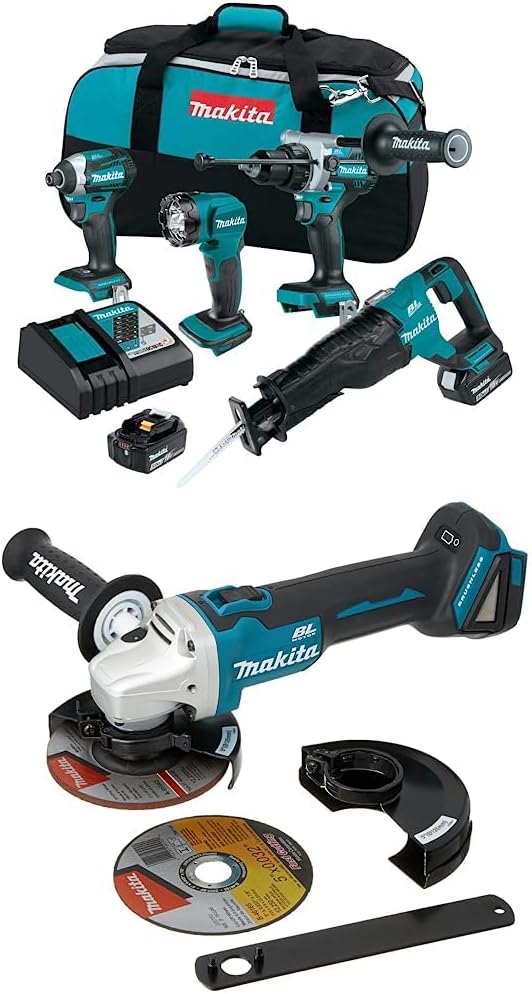 Makita XT453T 18V LXT® Lithium-Ion Brushless Cordless 4-Pc. Combo Kit (5.0Ah) with Makita XAG09Z 18V LXT Lithium-Ion Brushless Cordless 4-1/2/5 Cut-Off/Angle Grinder